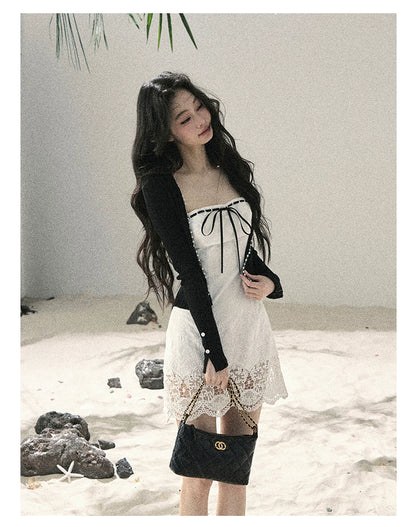 "Moonwoven Reverie" Cloud White Lace Bodycon Mini Dress & Serenity Black Cardigan 5132