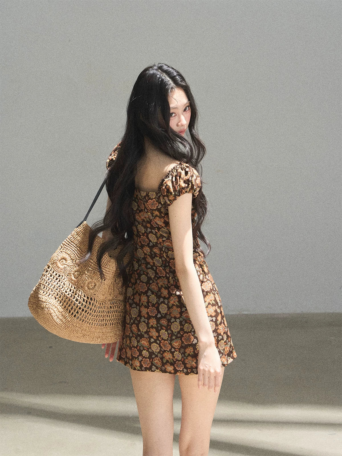 "Wildflowers & Freedom" Mocha Mousse Floral Puff Sleeve Mini Dress