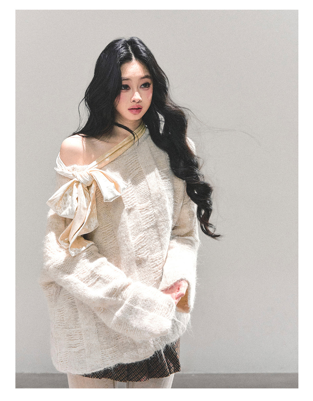 少也眼 "She Walks Through Morning" Bow-Knit Off-Shoulder Sweater - Almond Beige 58634584