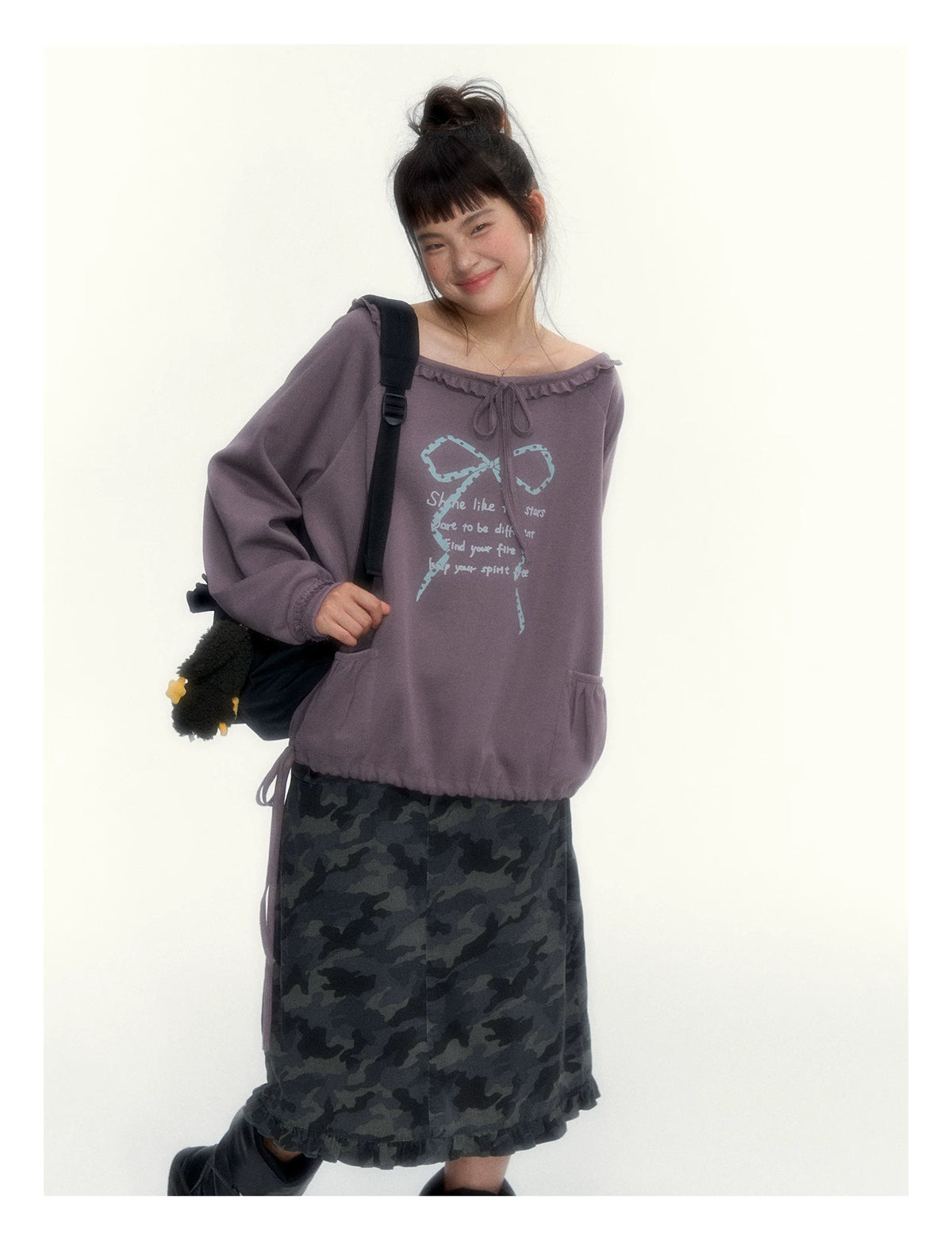 Deep Purple Bow-Tie Lettuce-Trim Off-Shoulder Sweatshirt