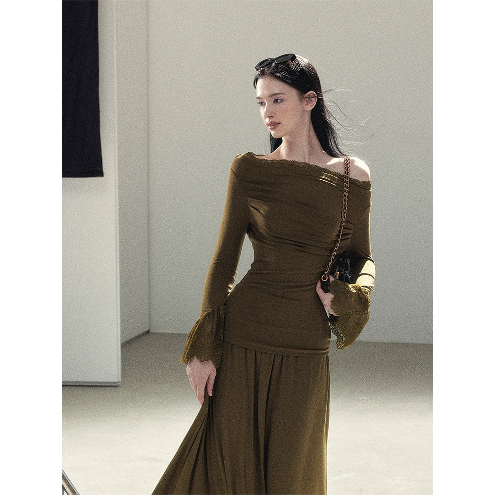 AOMALM - Terracotta Brown Lace Trim Knit Top and Maxi Skirt Set