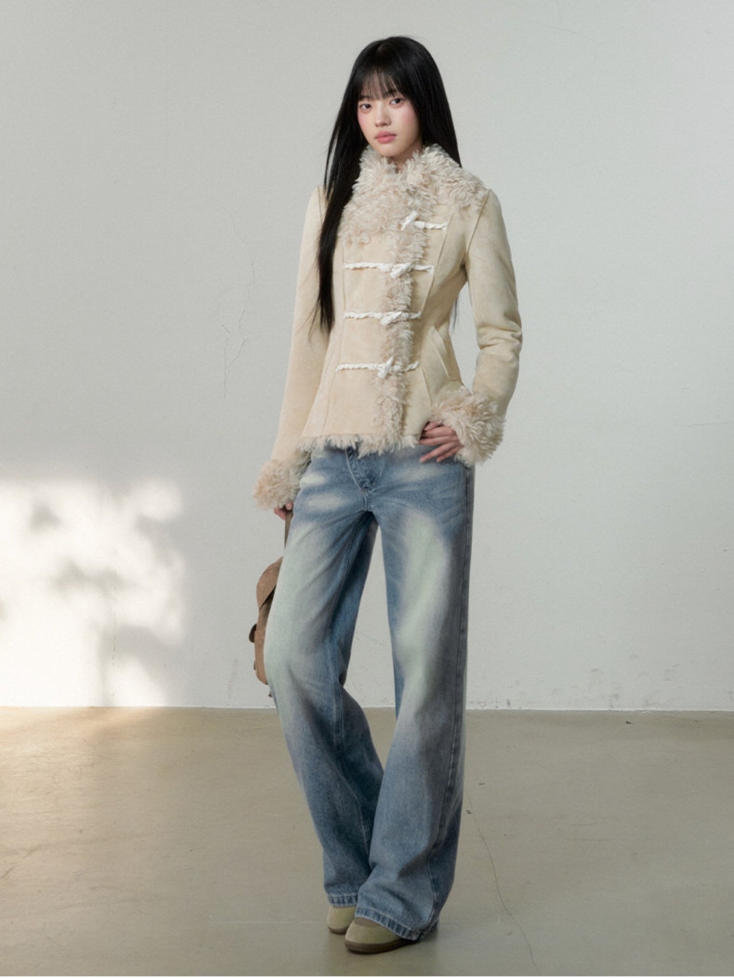 Soote Season - Cream Latte Faux Suede Toggle Belted Shearling Jacket