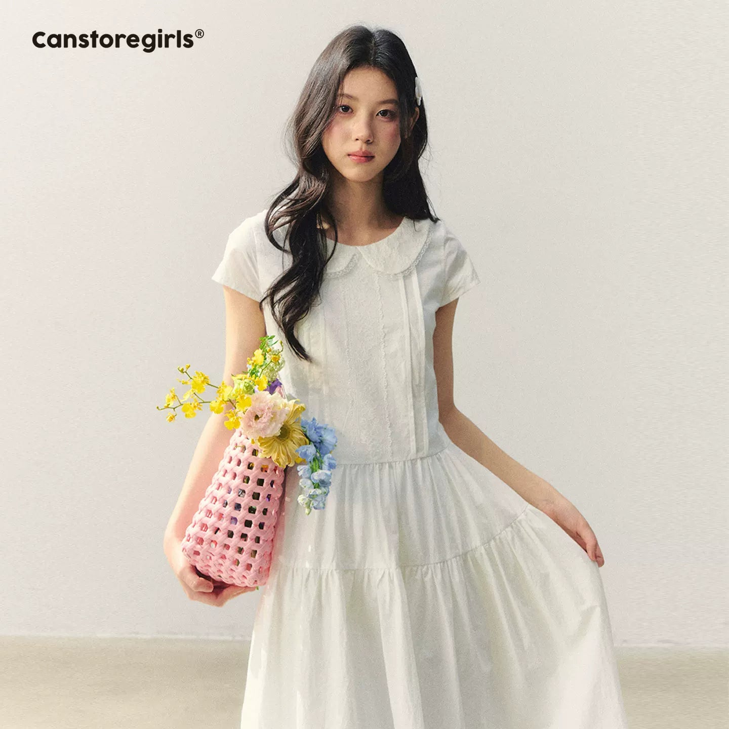 "Sakura Letter" Lace Doll Collar Waist-Fit Midi Dress WW2026004