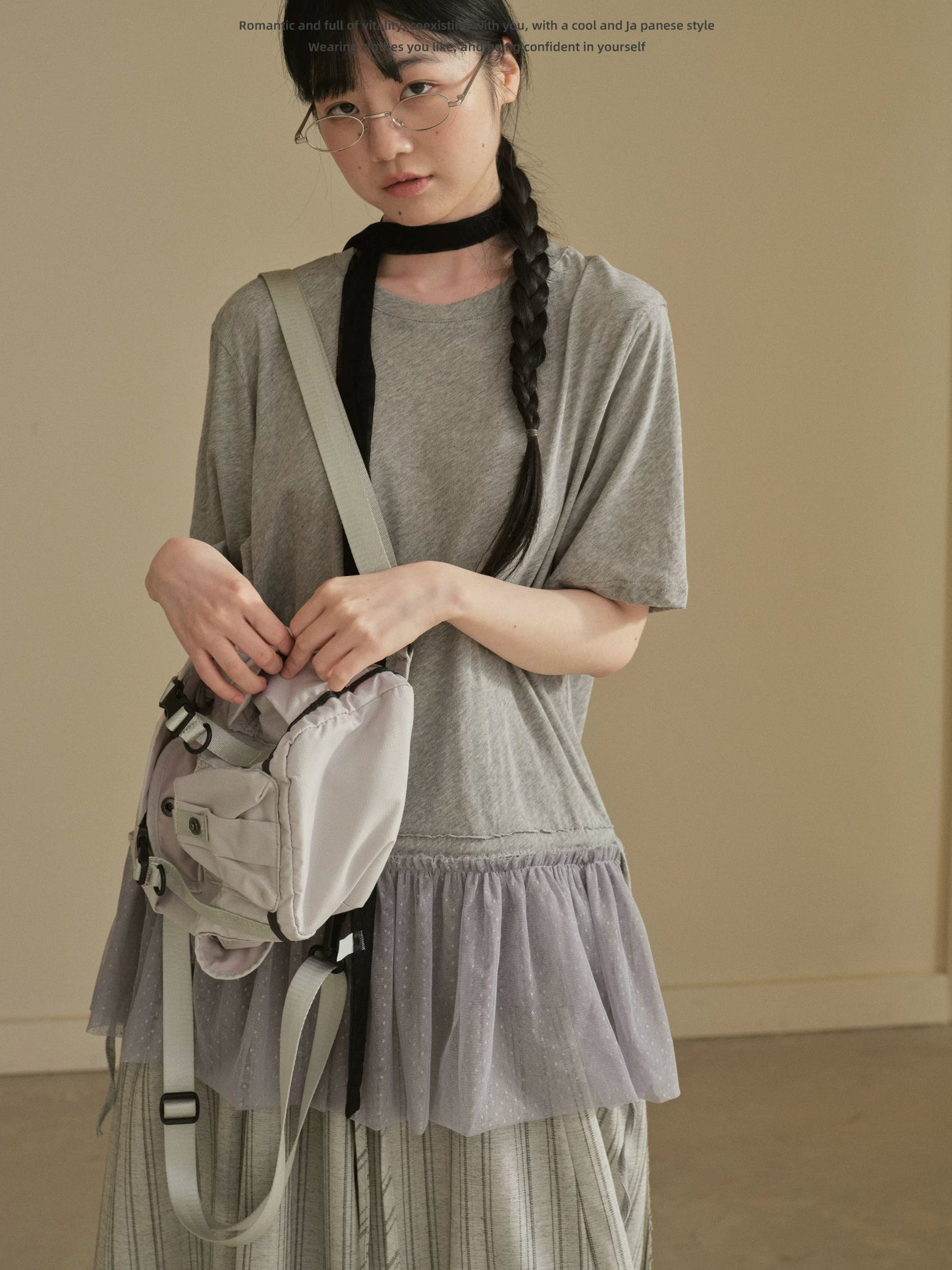 "Dot Veil" Polka Dot Mesh Panel T-Shirt (White / Gray)