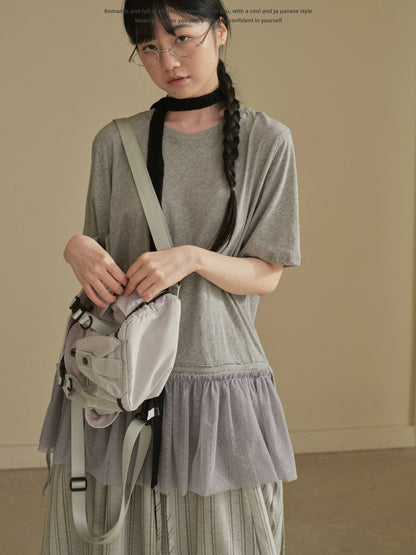 "Dot Veil" Polka Dot Mesh Panel T-Shirt (White / Gray)