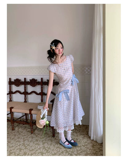 “Blue Mist Polka Reverie” Mist Blue Bow Lace Dress