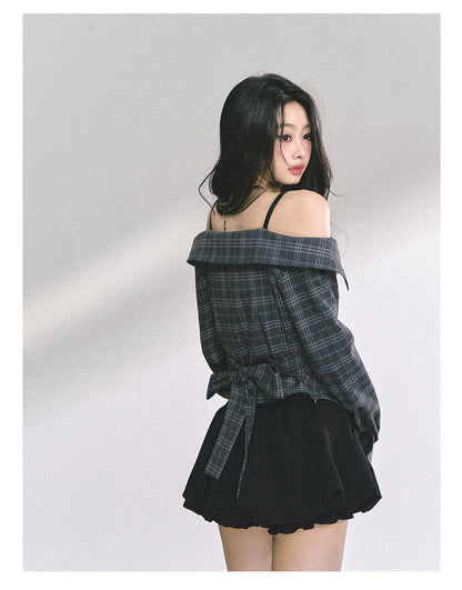 少也眼 "London Reveries" Off-Shoulder Plaid Sun-Proof Shirt - Charcoal Black