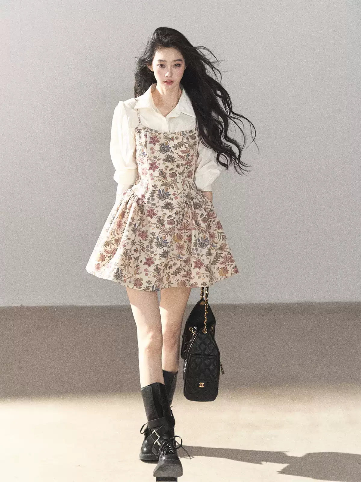 AOMALM - Dutch Cheese Floral Mini Dress & Creamy White Blouse Set