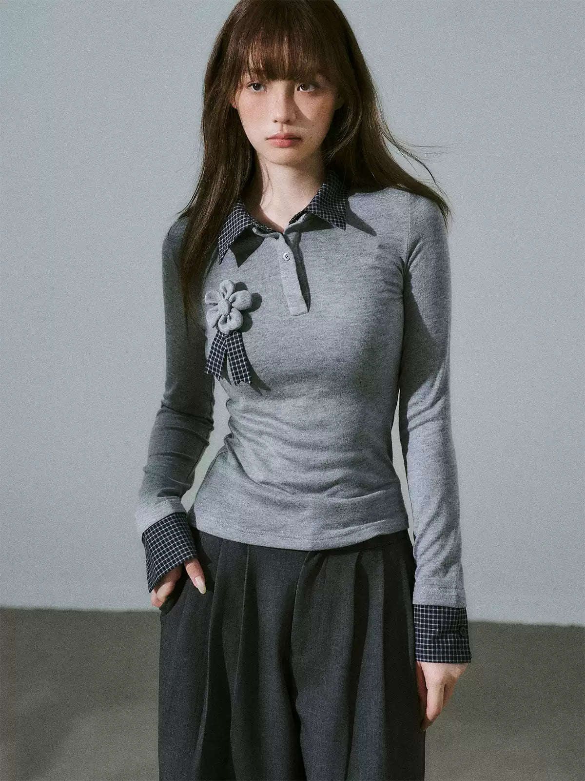 LOST FOREST - Gray Plaid Layered Knit Top with Detachable Brooch