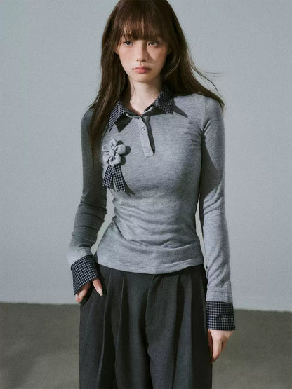 LOST FOREST - Gray Plaid Layered Knit Top with Detachable Brooch