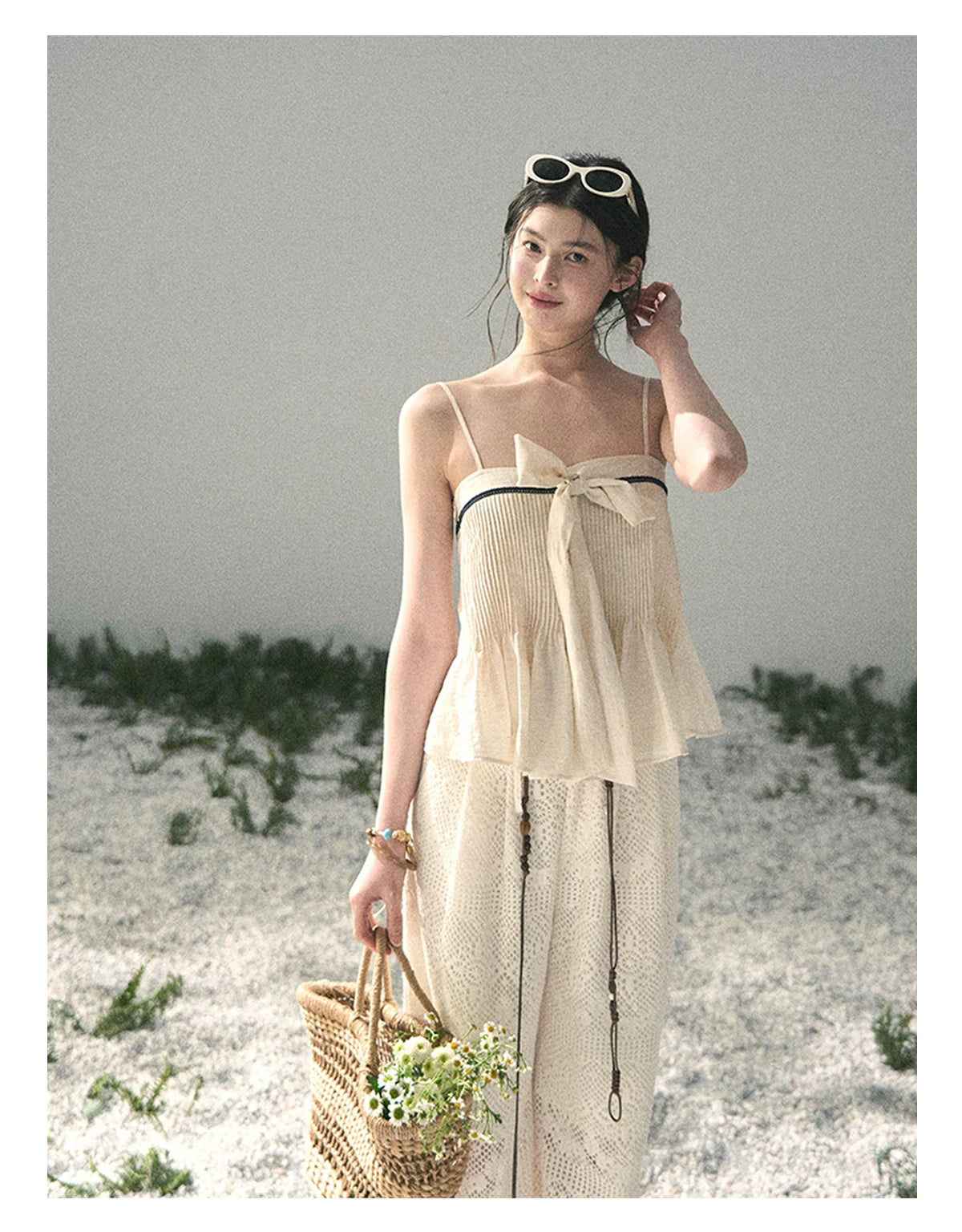 “Breeze Over Pleats” Cream Ribbon Camisole Top