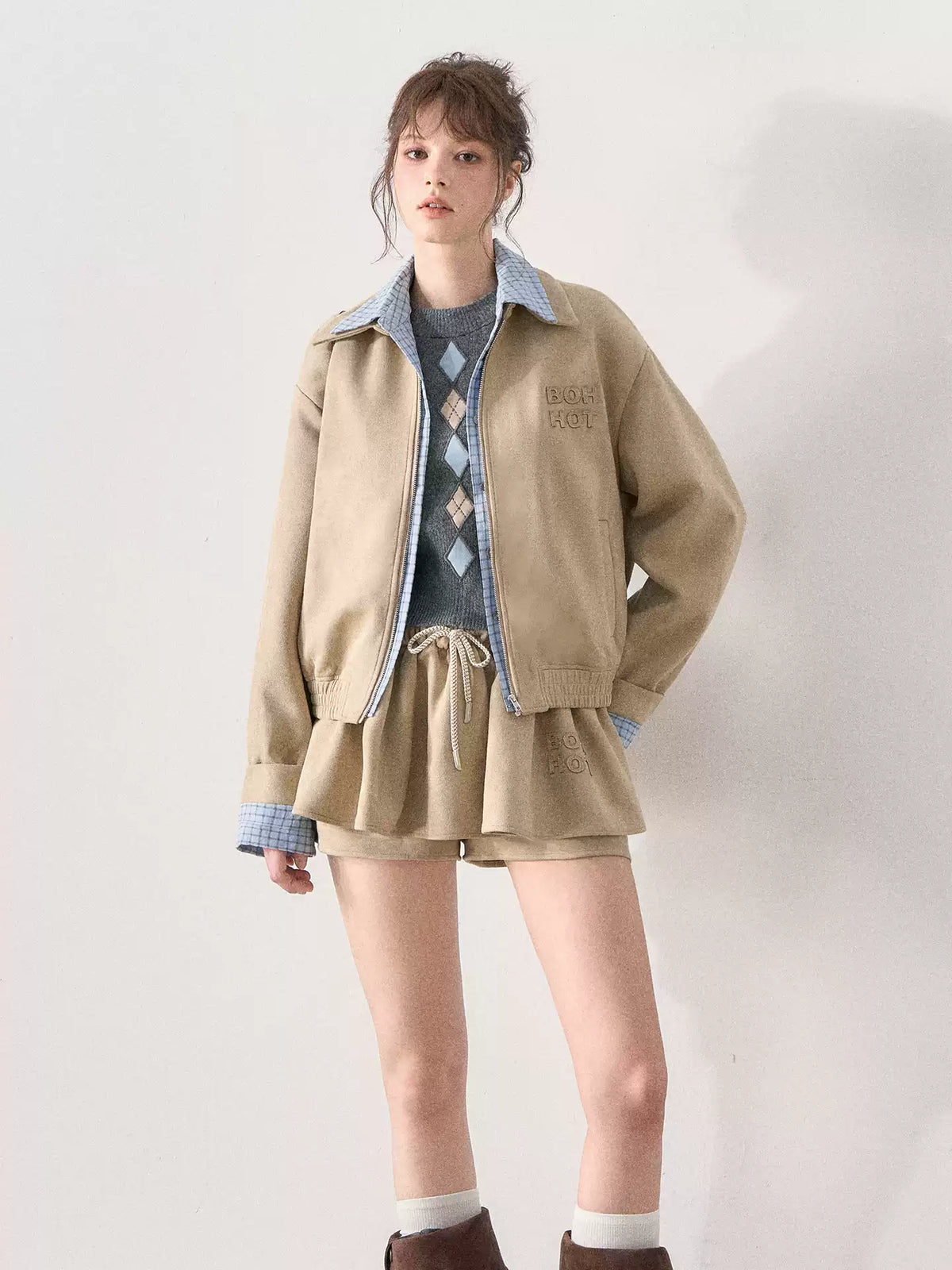 [TMMG] Light Khaki Suede Faux Two-Piece Jacket & Skirt Set