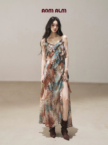 "She Never Looks Back" Peacock Blue Leopard Chiffon Maxi Dress
