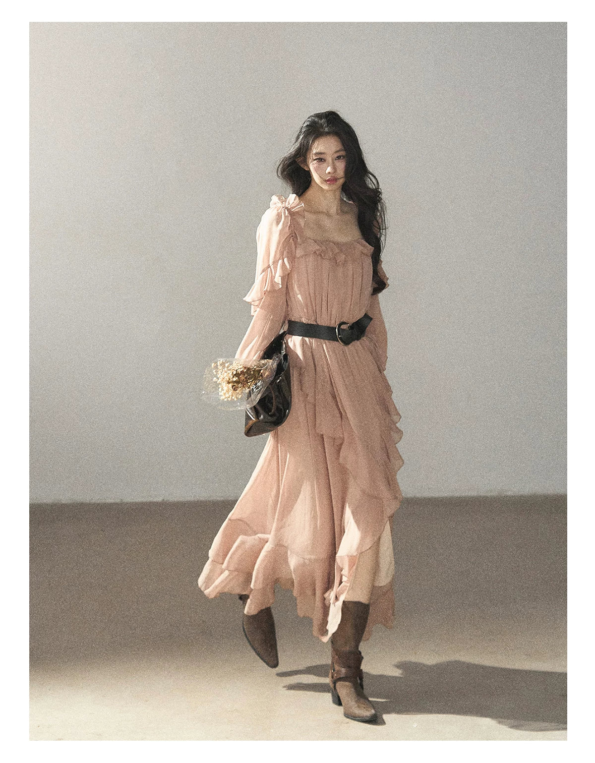 AOMALM - "Waiting for Sunset" Soft Pink French Ruffle Maxi Dress with Belt