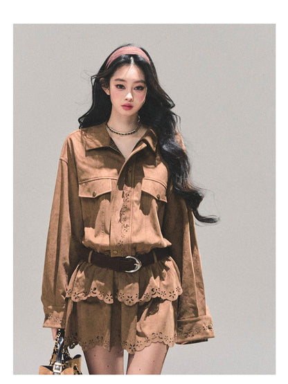 少也眼 "Rain on Wutong" – Brown Layered Dress (with Matching Belt)