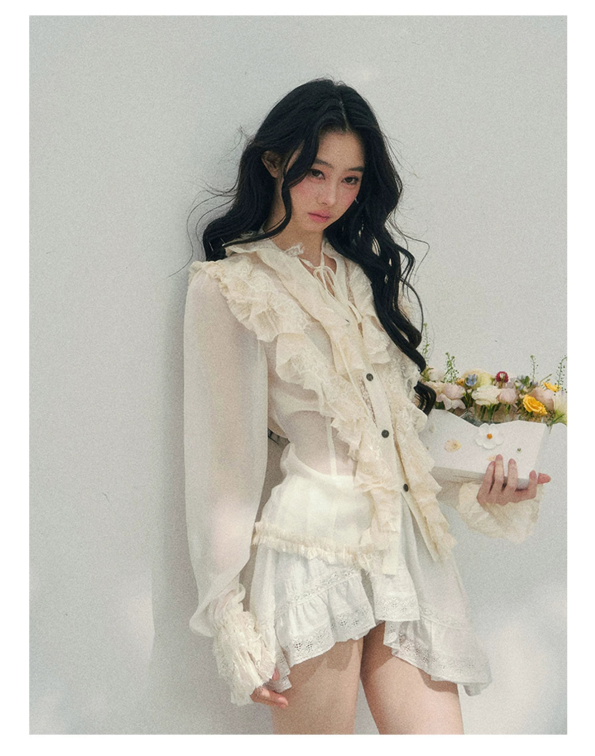 “Memory in Bloom” French Court Lace Flare Sleeve Top