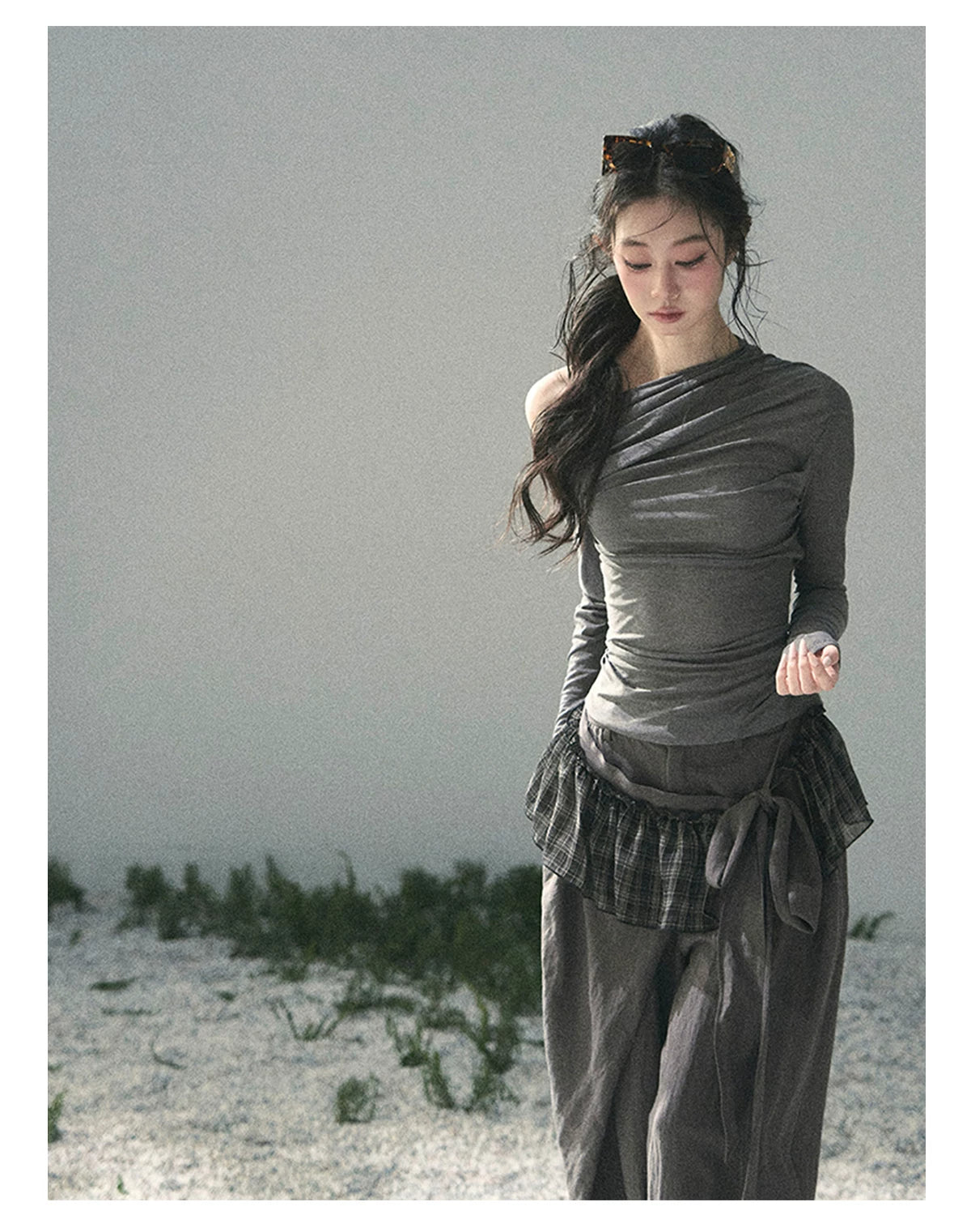 “Where Shadow Walks Beside Light” Dusk Gray Asymmetrical Top
