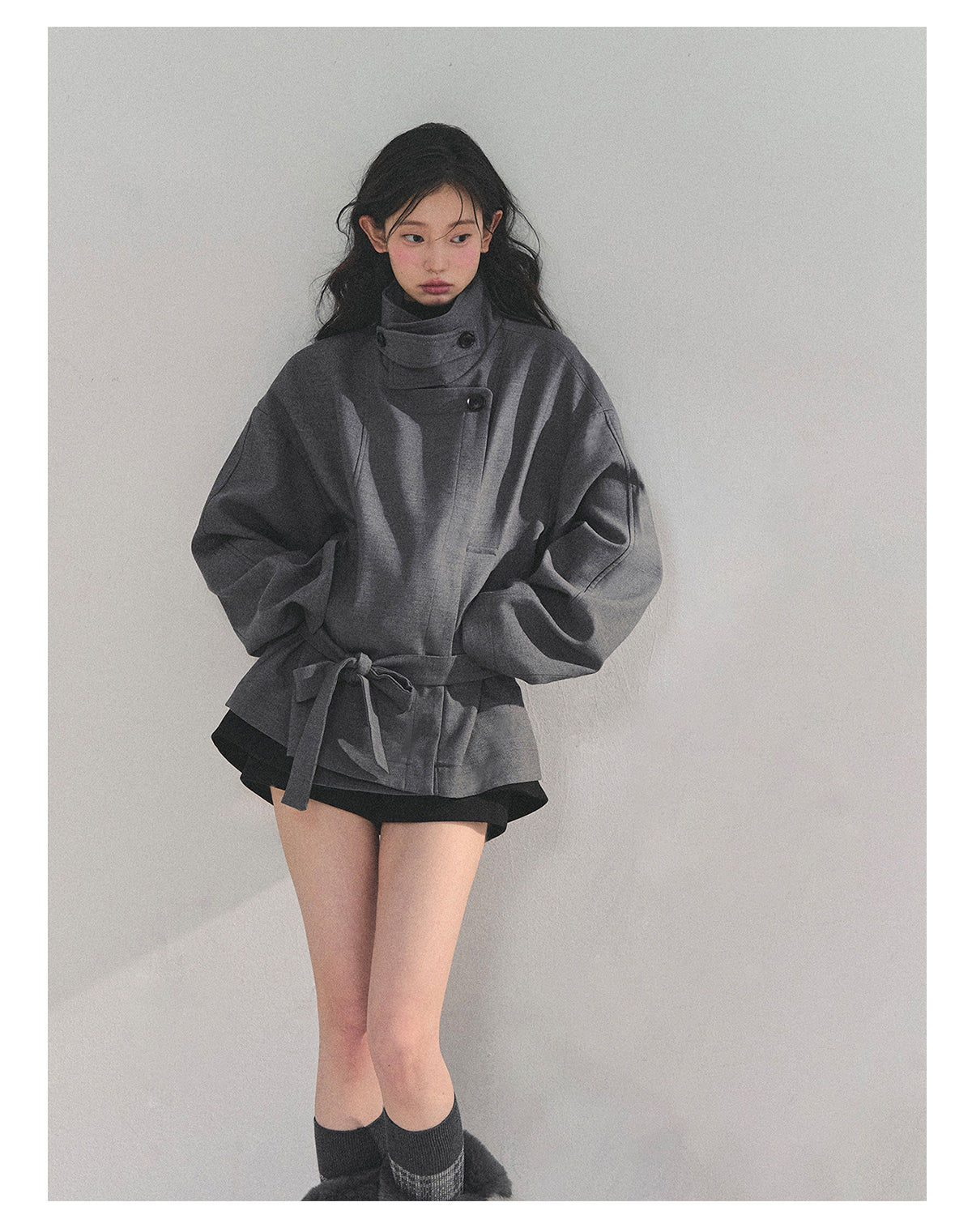 少也眼 “First Snow, Softened” Hepburn-Style Winter Trench Coat - Gray 941615