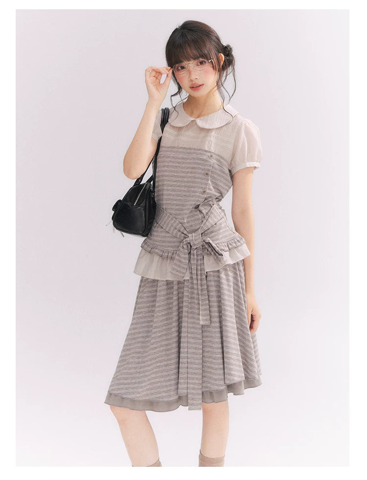 “Old Keepsake Letters” Frost Gray Doll Collar Lace Two-Piece Set
