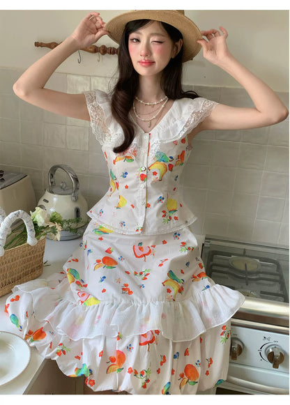 “Honeyfruit Summer Breeze” Beige Printed Skirt Set