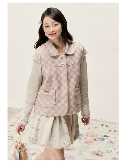 [RF] Pink Gingham Wool Blend Cropped Coat with Peter Pan Collar