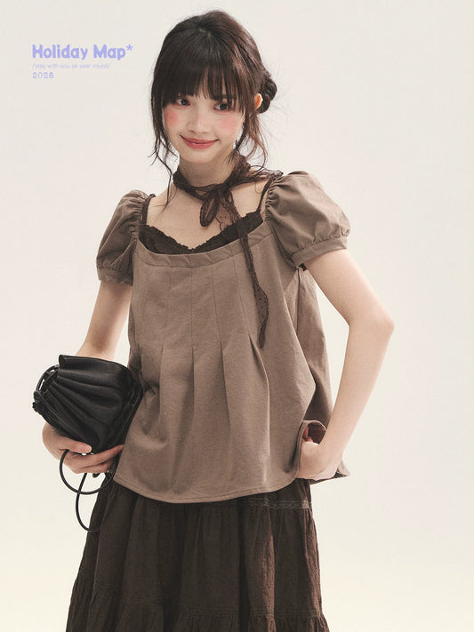 "Tea Brown Reverie" Tea Brown Off-Shoulder Puff Sleeve Knit Top