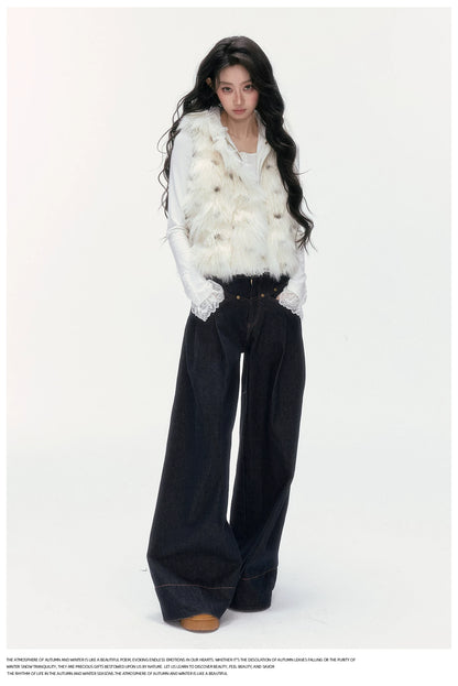 24olvides - Winter Mood Faux Fur Hooded Vest (Pink / Khaki / Cream White with Polka Dots)
