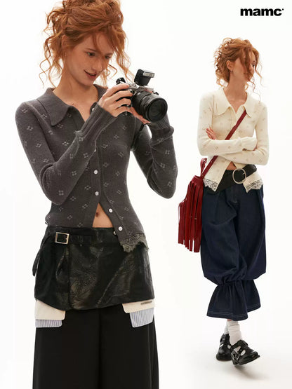 MAMC - Lace Muse Fitted Knit Cardigan (Gray / Ivory)