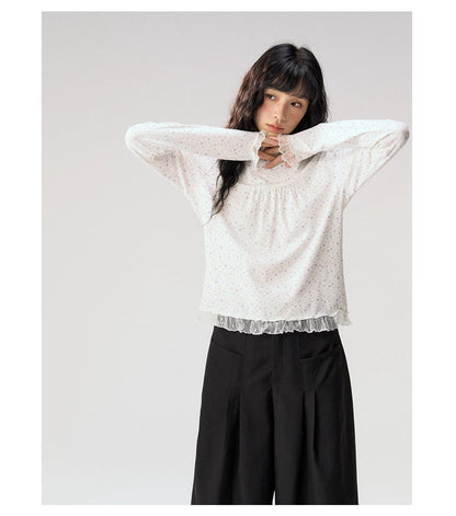 [CAN] "Double Dot Floral Raft" White Floral Lace-Trim Long Sleeve Top