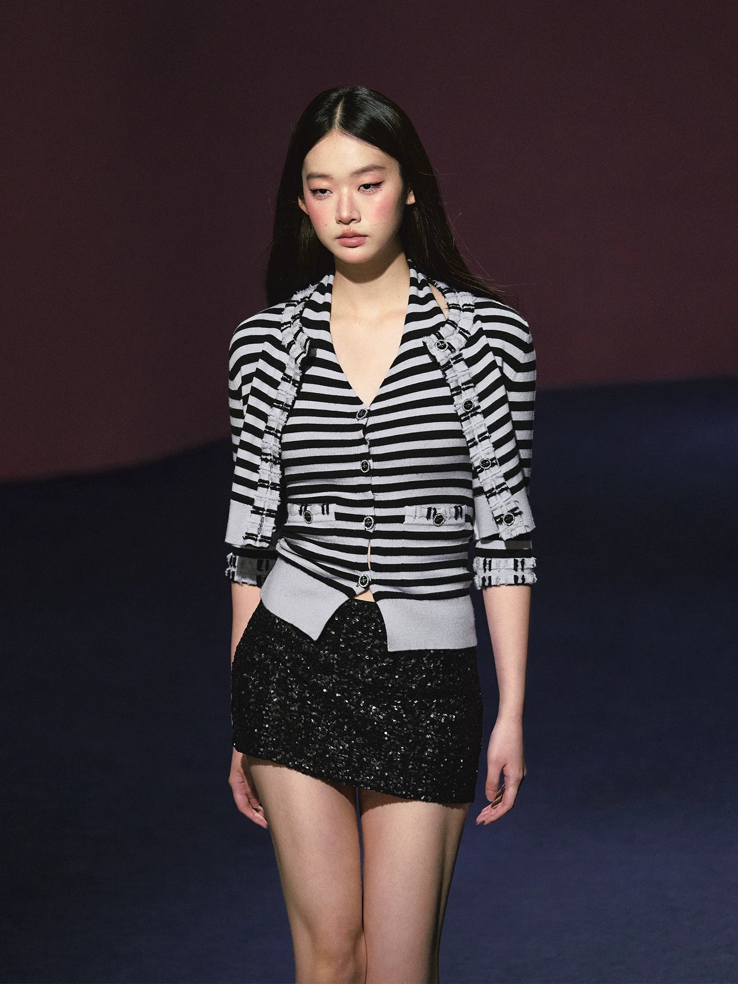 "City Contrast" Black & White Stripe Knit Cami & Cardigan Set
