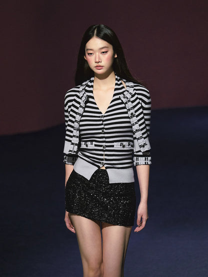 "City Contrast" Black & White Stripe Knit Cami & Cardigan Set