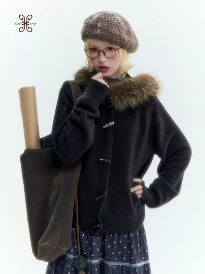 Horridale - Dark Coffee Brown Hooded Knit Cardigan with Detachable Faux Fur Collar