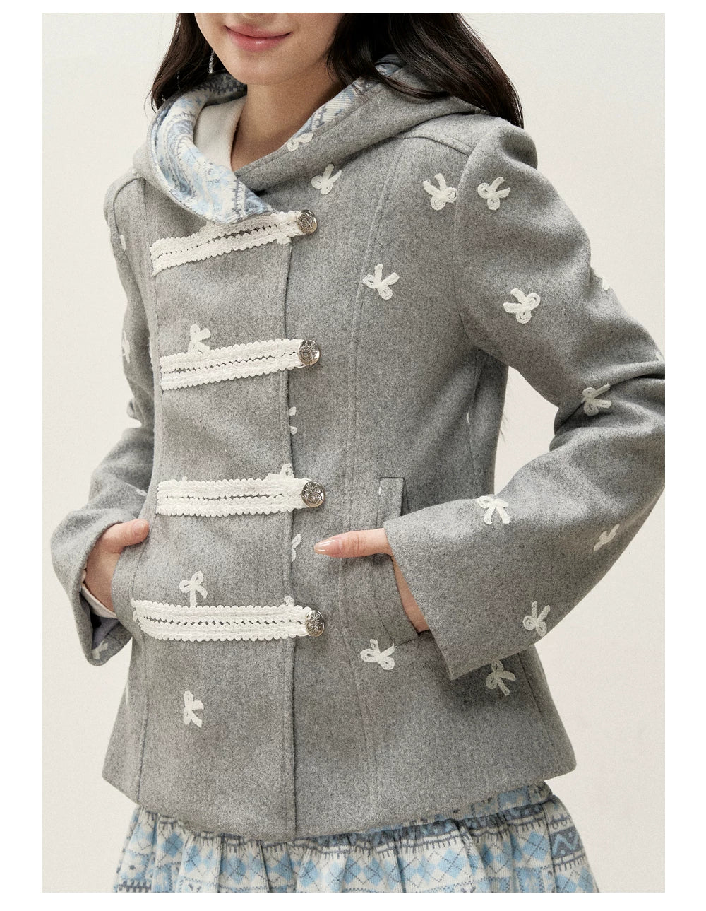 [RF] Heather Gray Vintage Jacquard Hooded Jacket with Frost Mist Blue Details
