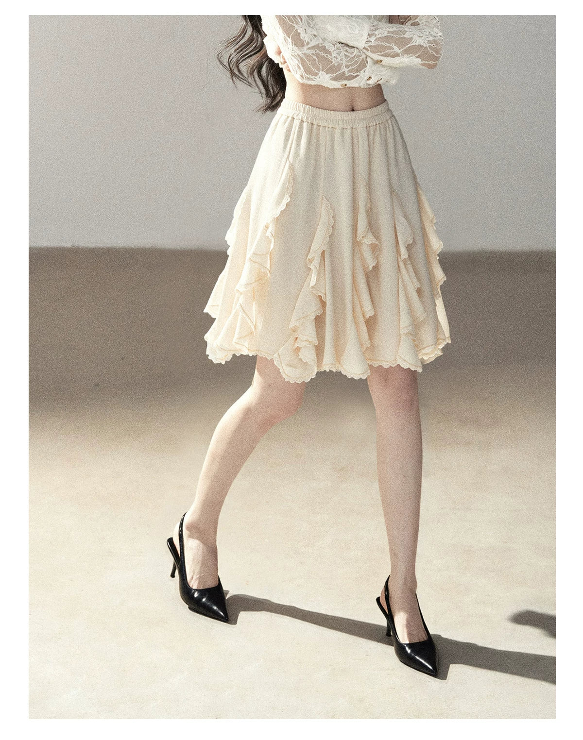 AOMALM - Cloud-Shaped French Lace Ruffle Midi Skirt – Elegant Autumn Maxi