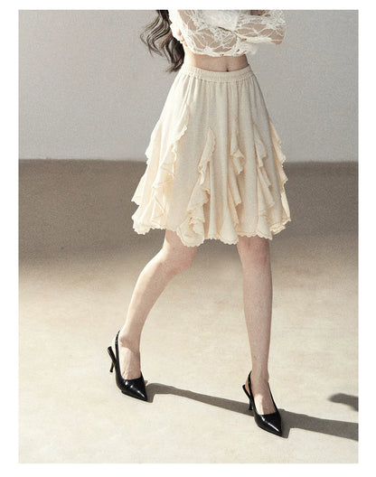 AOMALM - Cloud-Shaped French Lace Ruffle Midi Skirt – Elegant Autumn Maxi