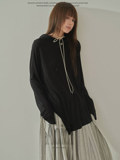"Summer Haze" Hooded Knit Sun Protection Long Sleeve T-Shirt (Black / White)