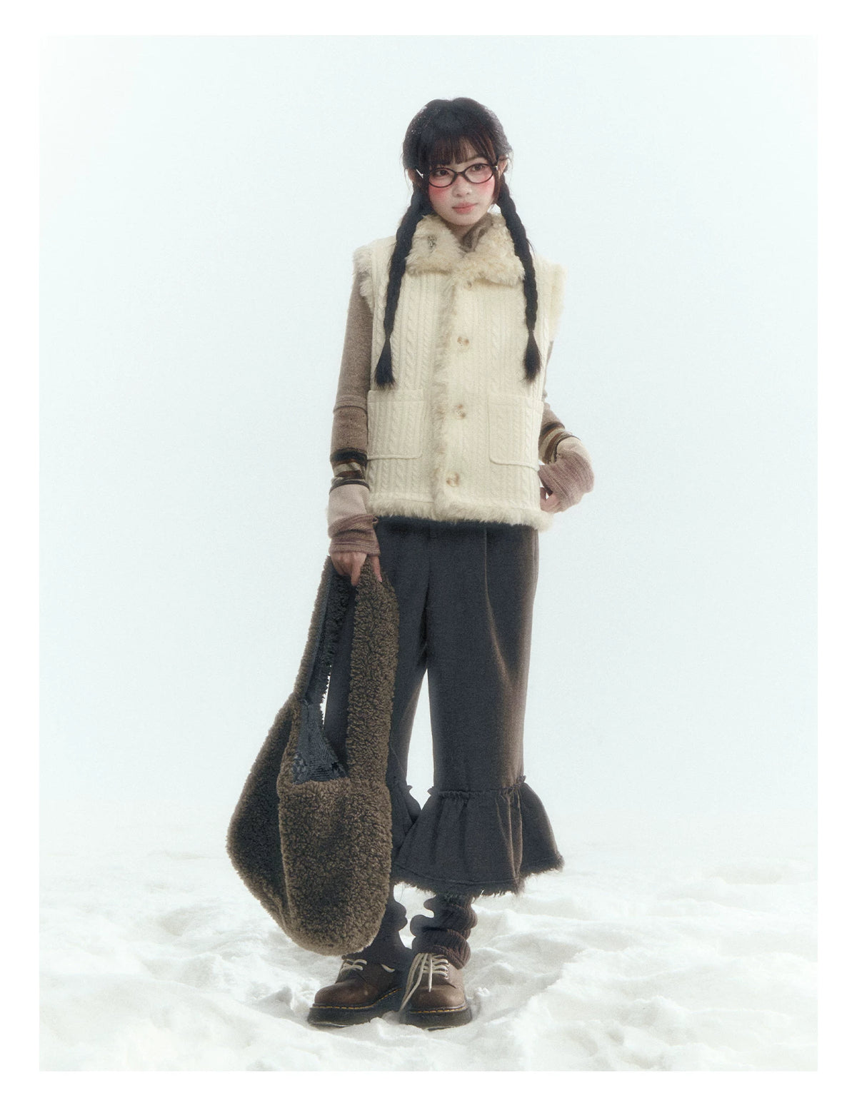 Horridale - Cream Beige Reversible Knit Vest with Detachable Bow