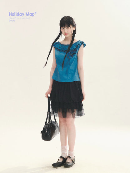 "Bluebell" Peacock Blue Lace Embroidered Fitted Sleeveless Top