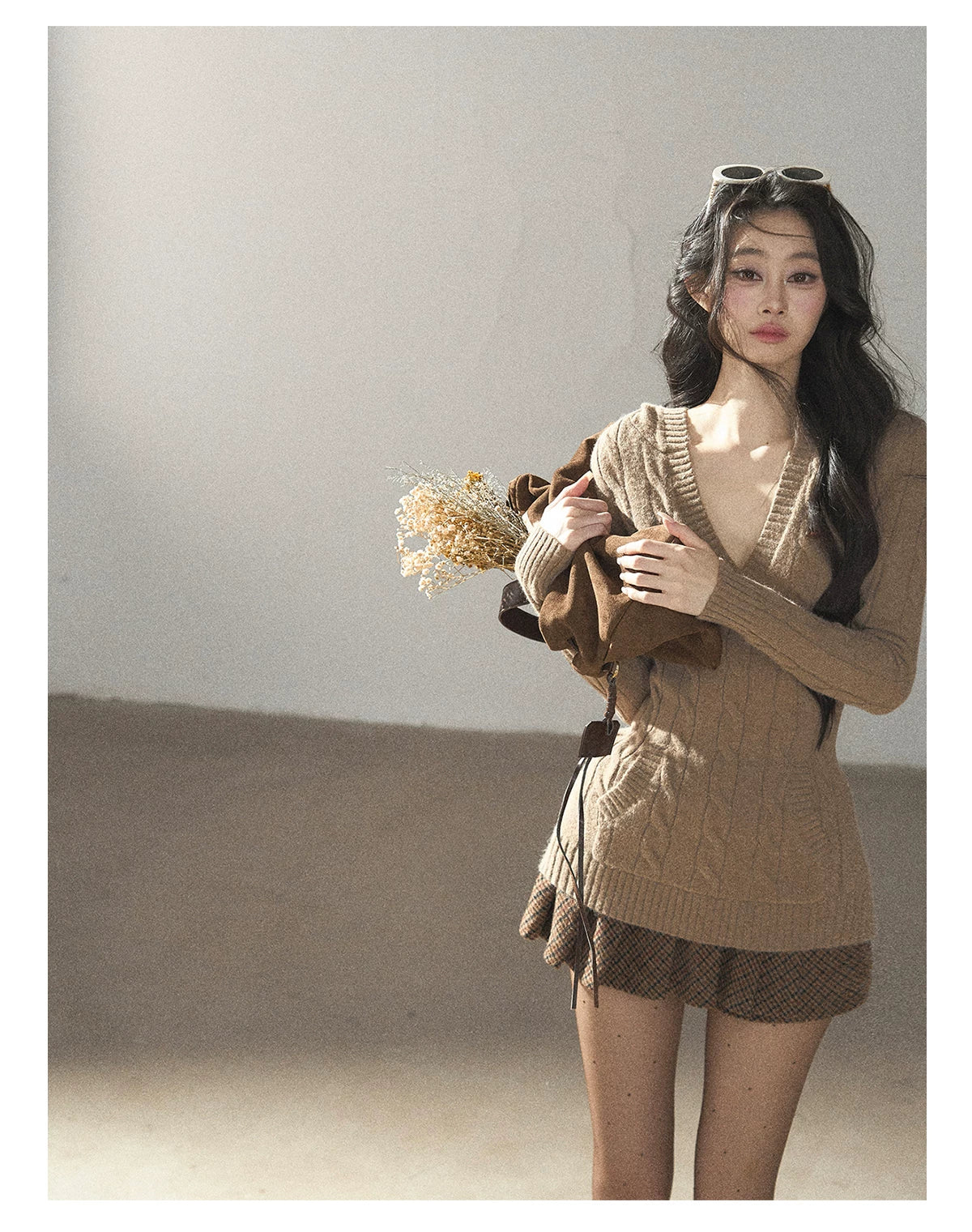 AOMALM - Oatmeal Hooded Deep V-Neck Cable Knit Top