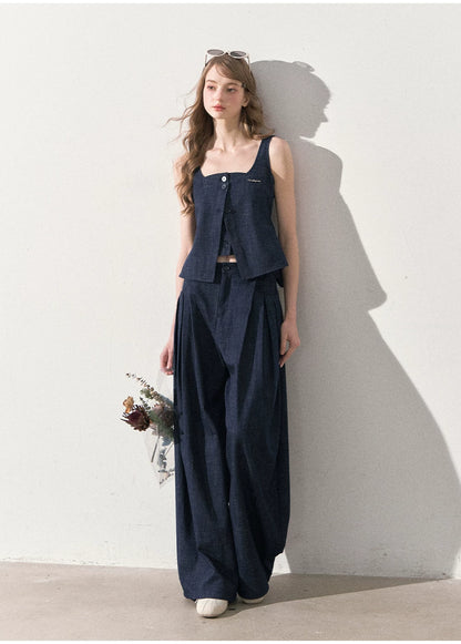 "Season of Ease" Vintage Navy Faux Denim Vest & Wide-Leg Pants Set