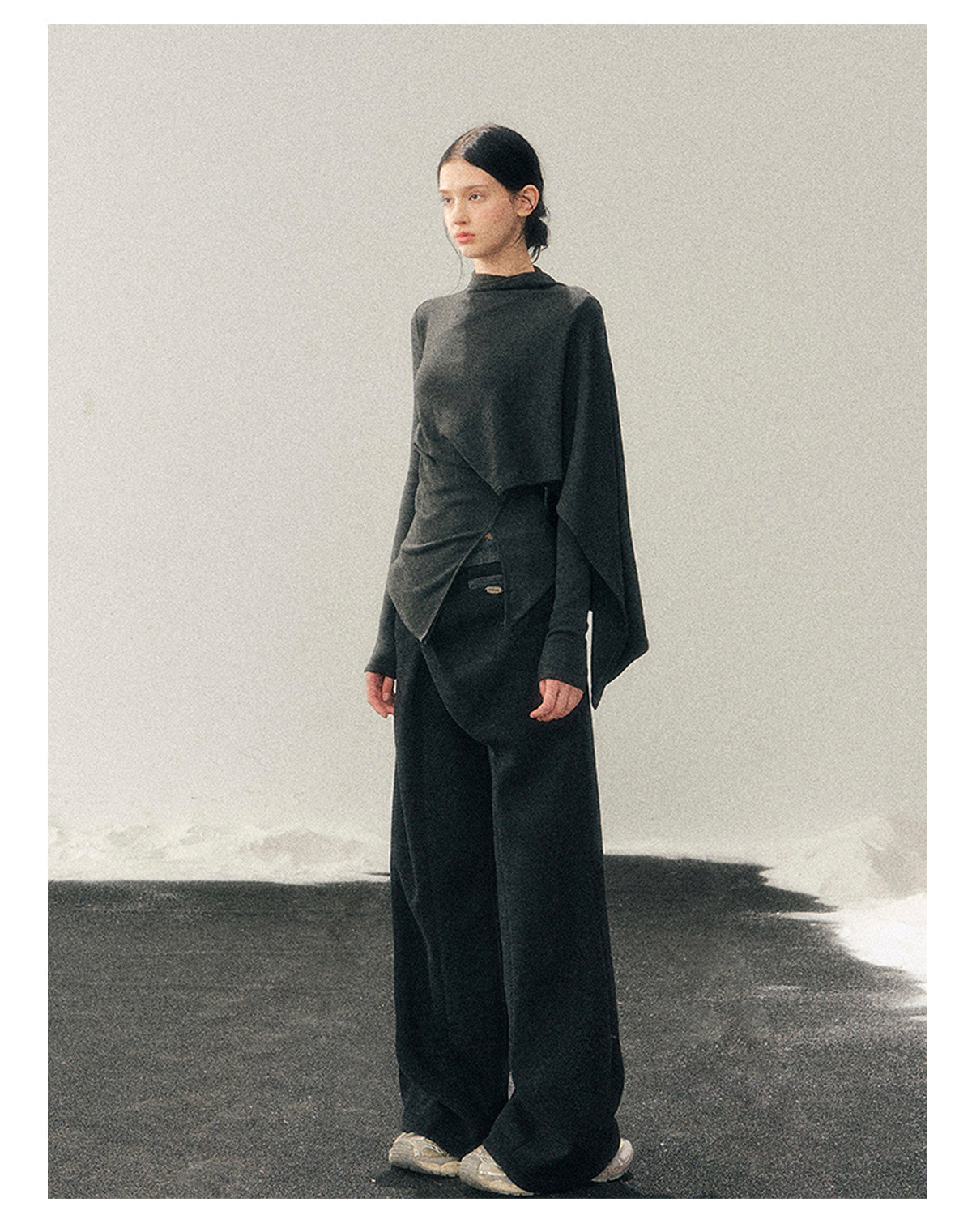少也眼 "She Outshines the Fireworks" Charcoal Asymmetrical Wrap Top