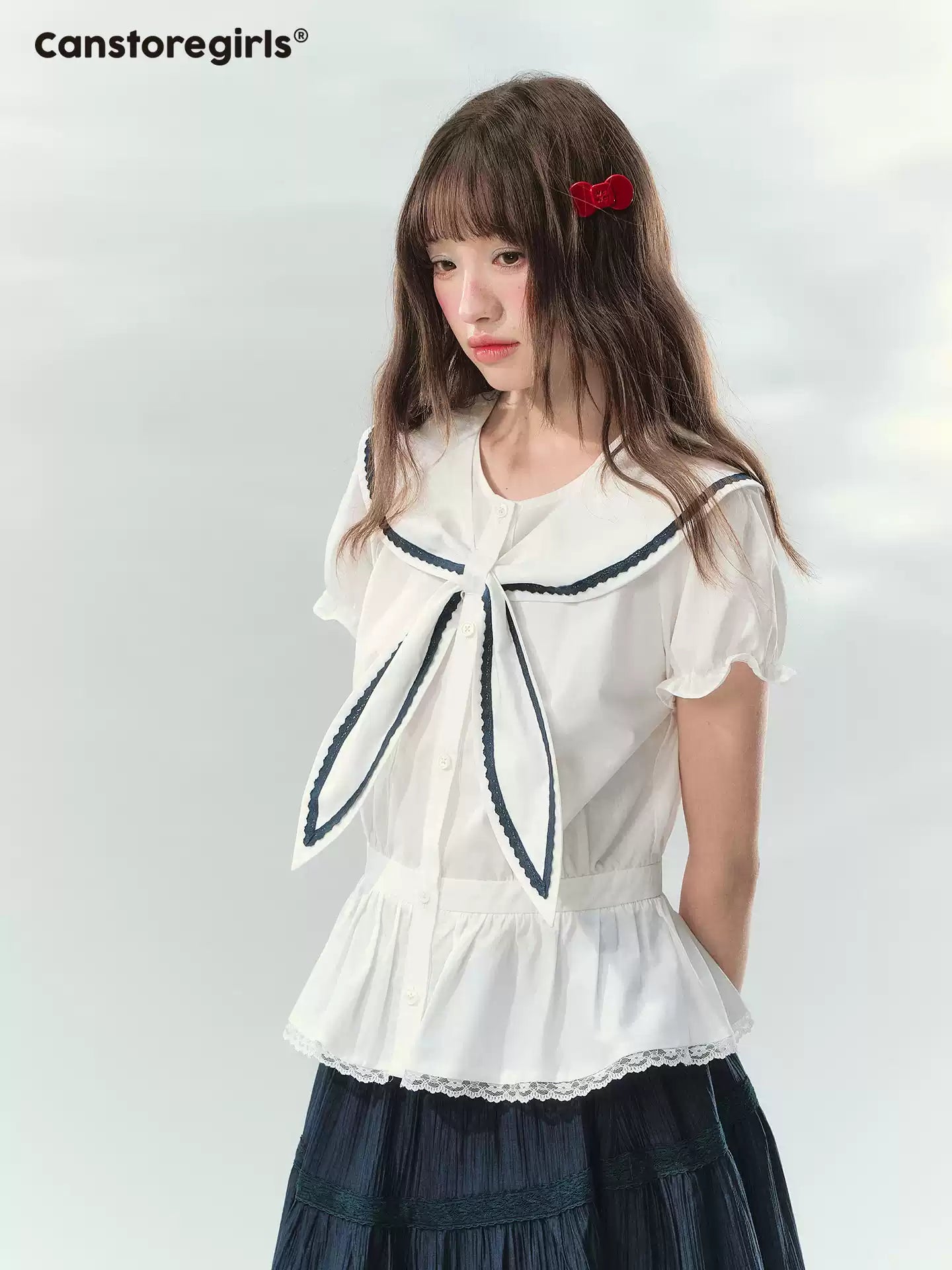 “Letter from Sea Isle” White & Navy Sailor Collar Blouse and Tiered Skirt Set