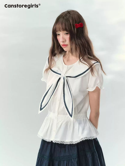 “Letter from Sea Isle” White & Navy Sailor Collar Blouse and Tiered Skirt Set