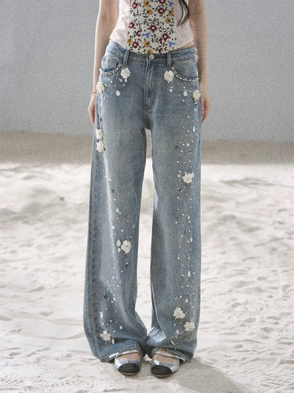 "Starlit Grace" Mist Blue Handmade Floral Wide-Leg Jeans