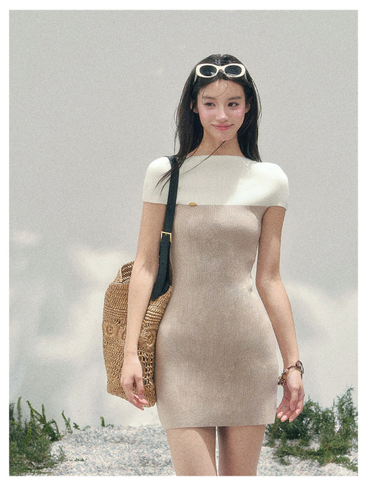 少也眼 “Ivory Moon Residence” Oatmeal Faux Two-Piece Knit Bodycon Dress 138
