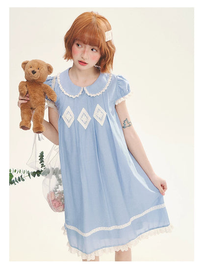 "Sweet Tea Doll" Haze Blue Lace Puff Sleeve Peter Pan Collar A-Line Dress