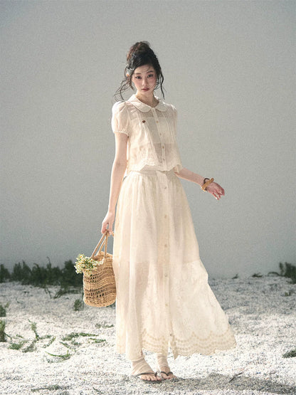 "Apricot Blossom After Rain" Dutch Cheese Lace Blouse & Maxi Skirt Set 532453