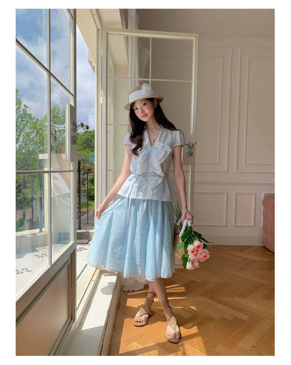 “Blue Berry Stardust” Blue Floral Polka Dot Skirt