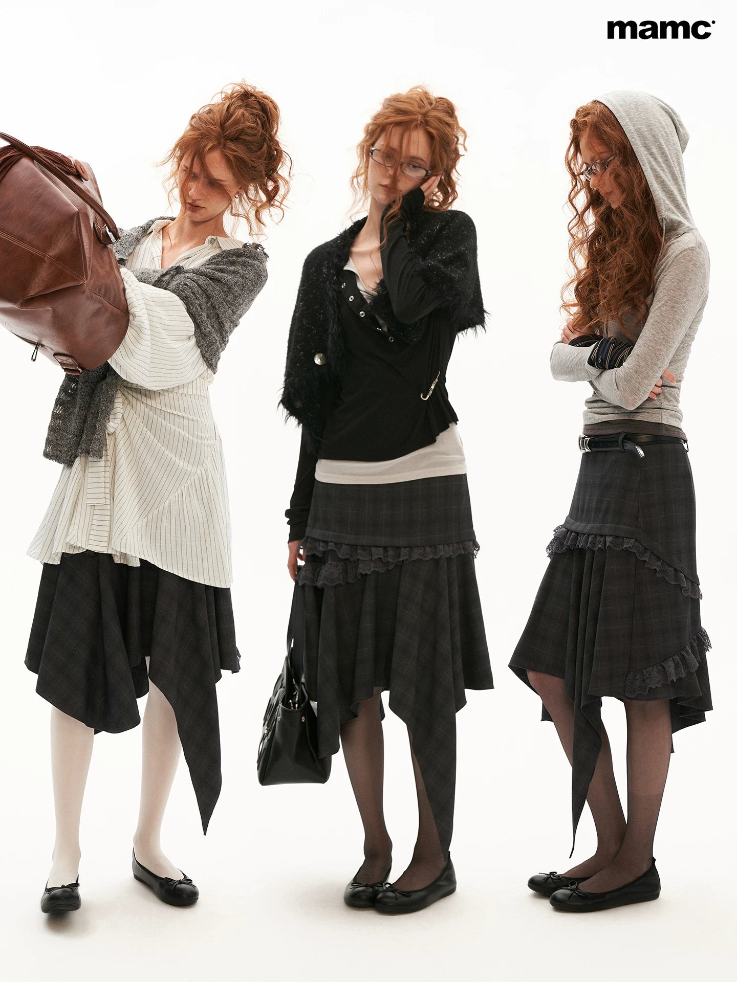 Grey Plaid Asymmetrical Lace Midi Skirt