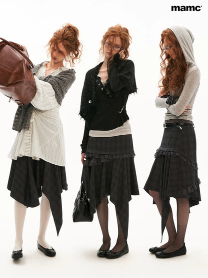 Grey Plaid Asymmetrical Lace Midi Skirt